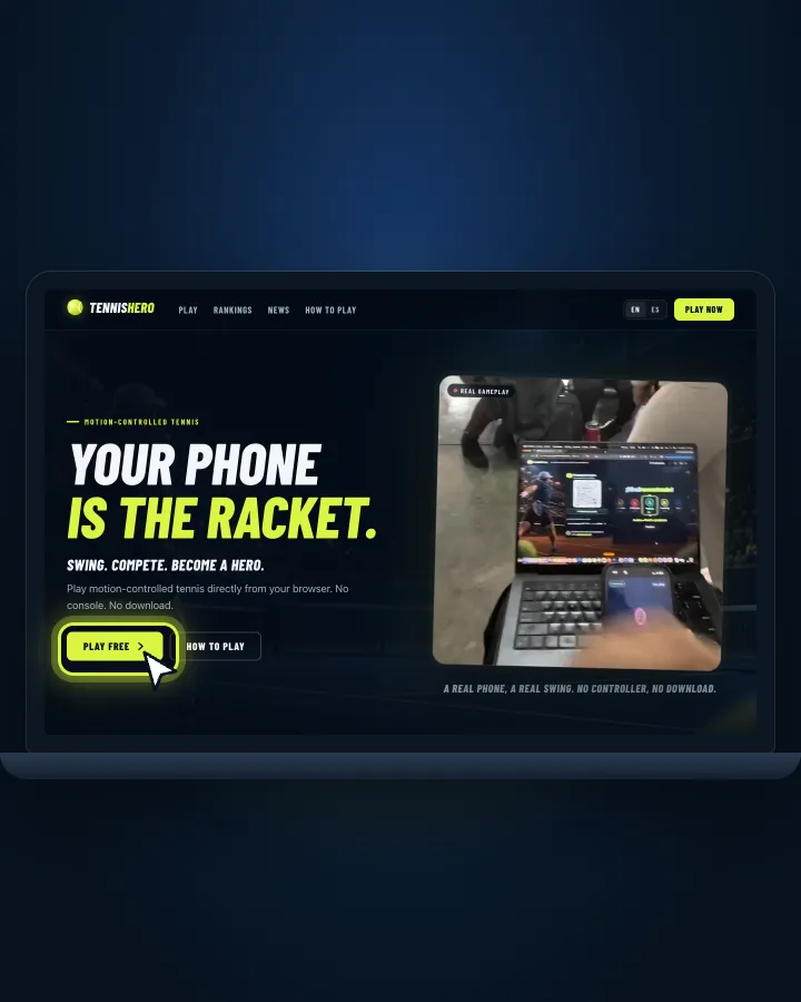 The TennisHero website on a laptop, with the Play free button highlighted