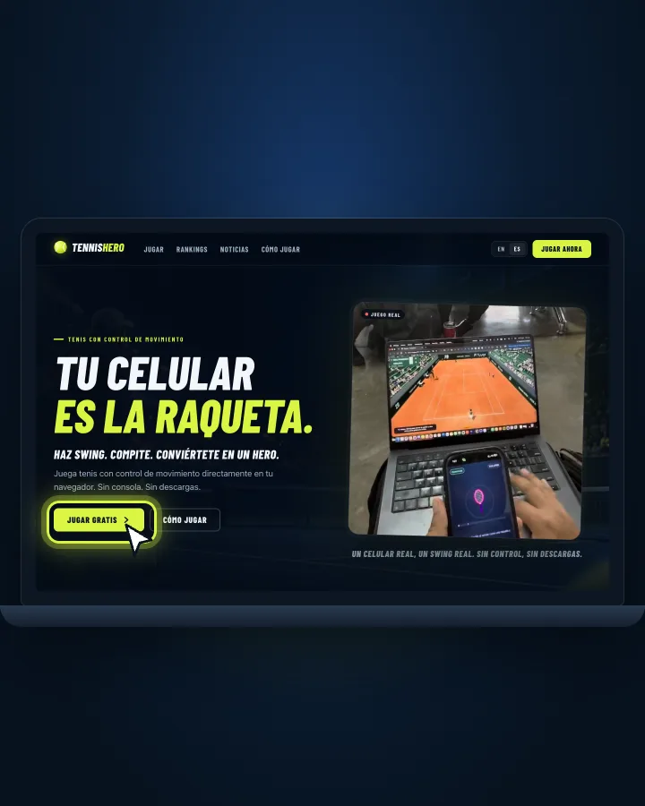 La web de TennisHero en una laptop, con el botón Jugar gratis resaltado