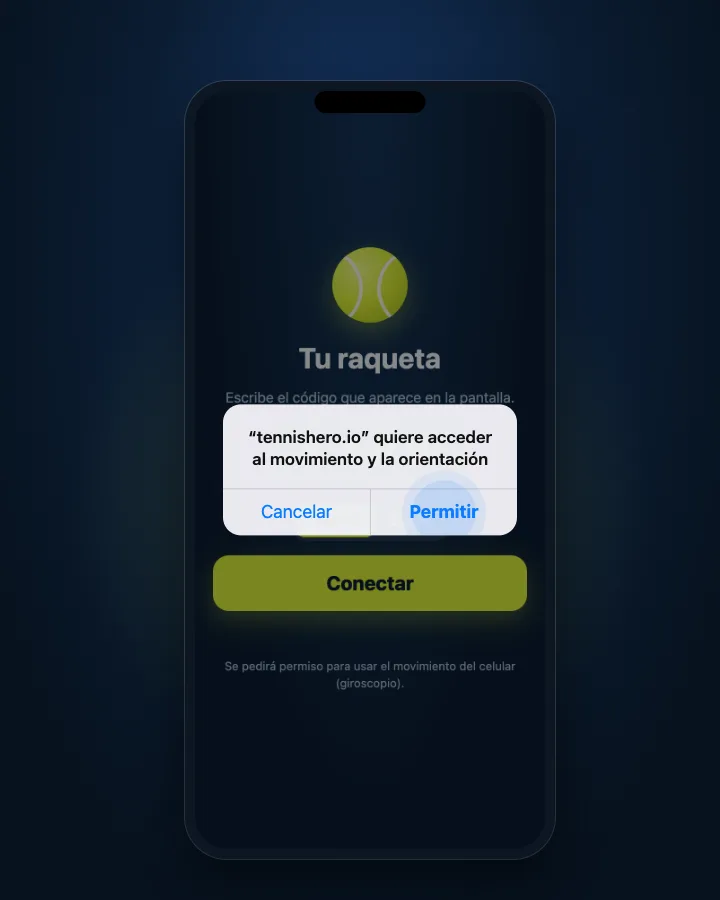 El control en el celular: botón Conectar y el aviso para permitir el acceso al movimiento