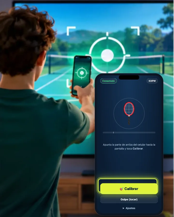 Una persona apunta el celular hacia la TV y toca Calibrar en el control