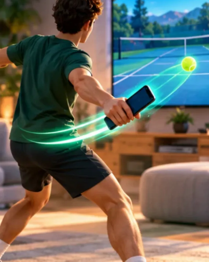 Una persona hace swing con el celular como si fuera una raqueta frente a la TV
